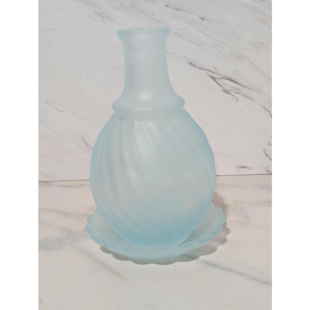 Vintage 1920's Frosted Blue Tumble Up Bed Side Glass Carafe & Tray